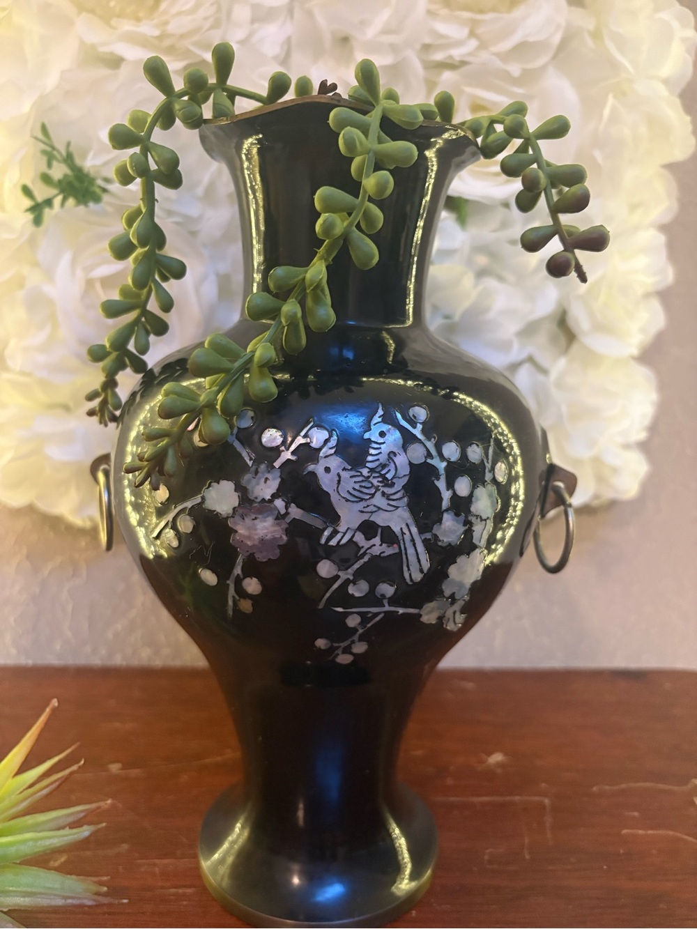 Vintage Mother of Pearl Inlay Ceramic & Brass Planter